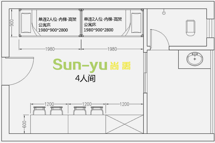 單連2人位-內(nèi)梯-高架公寓床-4人間平面布局圖